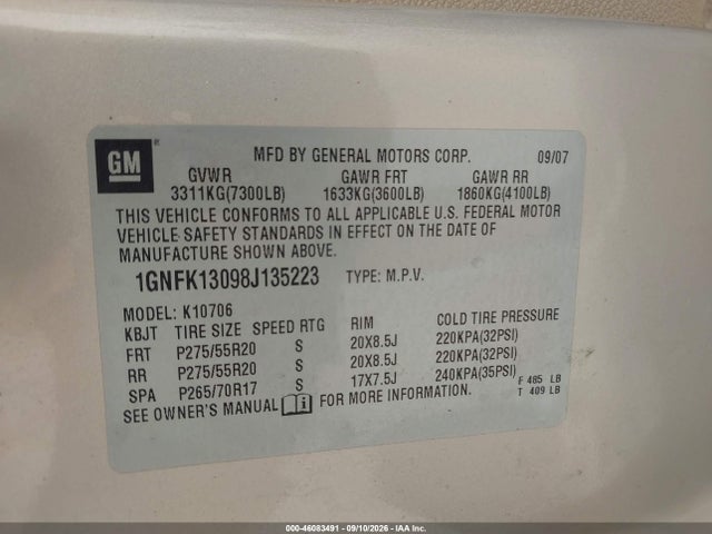 Auction sale of the 2008 Chevrolet Tahoe Ltz, vin: 1GNFK13098J135223, lot number: 46083491