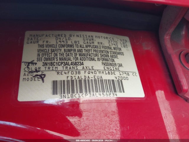 2010 Nissan Versa 1.8s მანქანა იყიდება აუქციონზე, vin: 3N1BC1CP3AL458234, აუქციონის ნომერი: 46083493