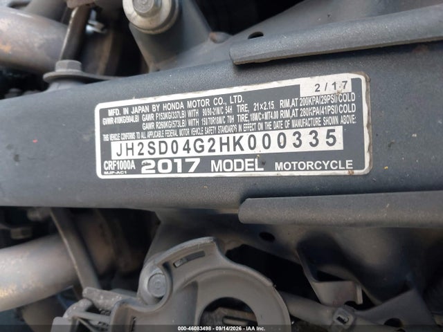 46083498 :رقم المزاد ، JH2SD04G2HK000335 vin ، 2017 Honda Crf1000 مزاد بيع