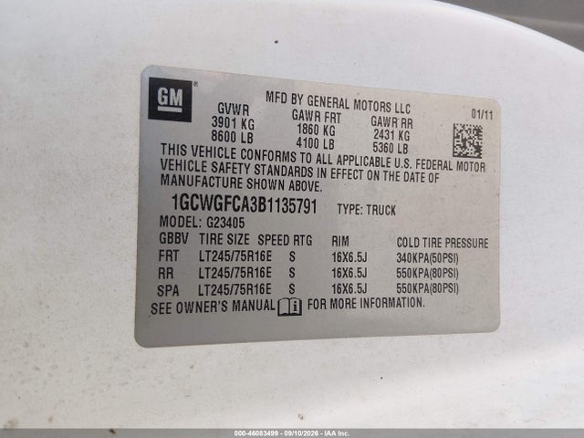 46083499 :رقم المزاد ، 1GCWGFCA3B1135791 vin ، 2011 Chevrolet Express 2500 Work Van مزاد بيع