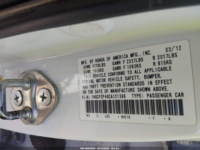 Aukcja sprzedaży 2012 Honda Accord 2.4 Lx-p, vin: 1HGCP2F46CA121386, numer aukcji: 46083508