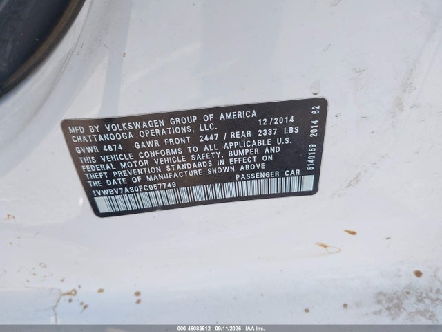 46083512 :رقم المزاد ، 1VWBV7A30FC057749 vin ، 2015 Volkswagen Passat 2.0l Tdi Se مزاد بيع