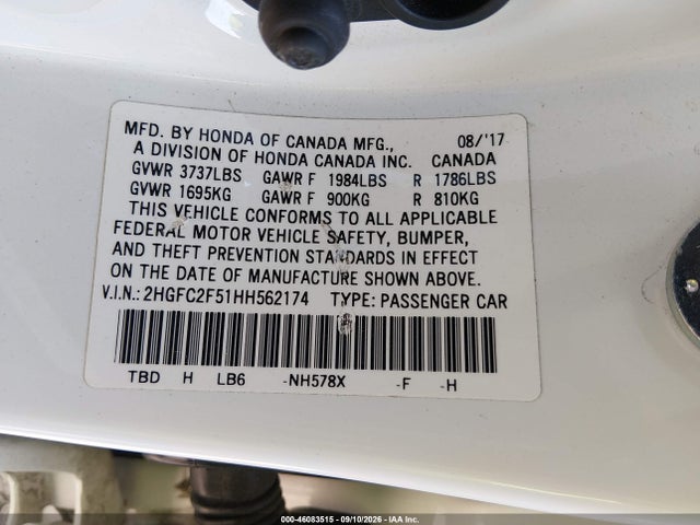 Honda Civic Lx 2017 2HGFC2F51HH562174 Image 9