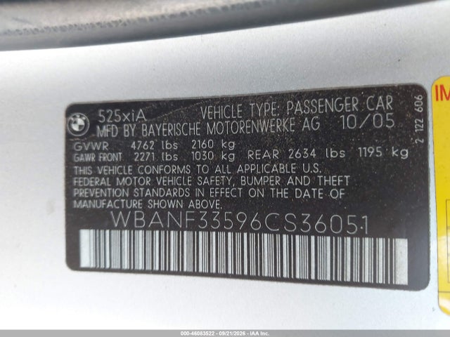 Продаж на аукціоні авто 2006 Bmw 525xi, vin: WBANF33596CS36051, номер лоту: 46083522
