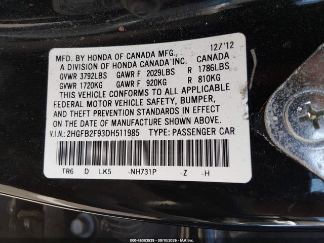 Продажа на аукционе авто 2013 Honda Civic Ex-l, vin: 2HGFB2F93DH511985, номер лота: 46083539