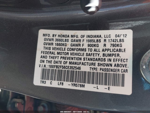 2012 Honda Civic Lx მანქანა იყიდება აუქციონზე, vin: 19XFB2F56CE352546, აუქციონის ნომერი: 46083541