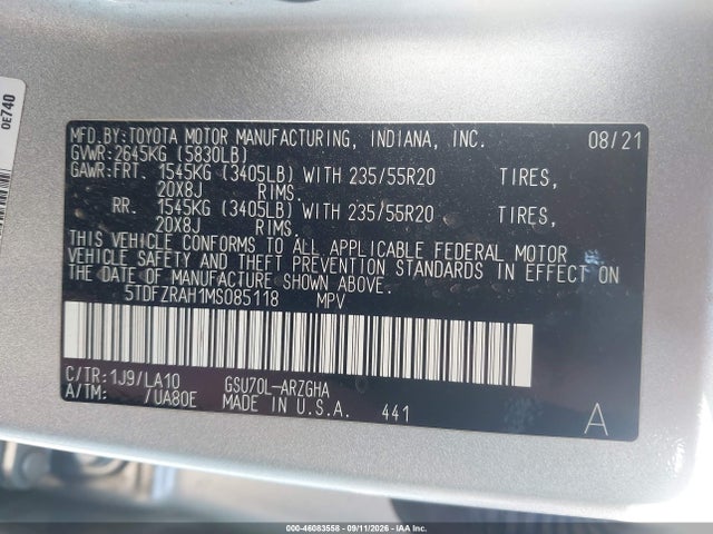 2021 Toyota Highlander Platinum მანქანა იყიდება აუქციონზე, vin: 5TDFZRAH1MS085118, აუქციონის ნომერი: 46083558