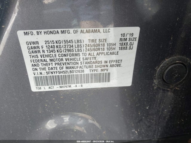 Honda Pilot 2wd Ex-l 2020 5FNYF5H52LB012638 Image 9