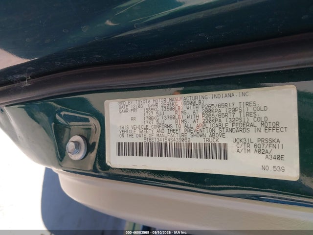 2004 Toyota Tundra Sr5 V8 მანქანა იყიდება აუქციონზე, vin: 5TBET34154S439062, აუქციონის ნომერი: 46083568