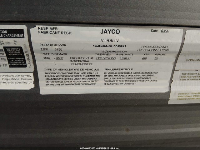 Продаж на аукціоні авто 2021 Jayco Slx Baja, vin: 1UJBJ0AJ9L77J0491, номер лоту: 46083573