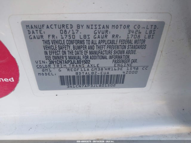 2018 Nissan Versa 1.6 Sv მანქანა იყიდება აუქციონზე, vin: 3N1CN7AP3JL801502, აუქციონის ნომერი: 46083578
