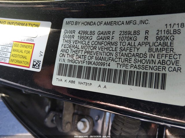Продаж на аукціоні авто 2019 Honda Accord Lx, vin: 1HGCV1F19KA009914, номер лоту: 46083592