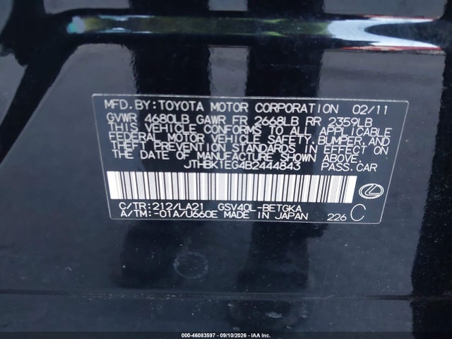 2011 Lexus Es 350 მანქანა იყიდება აუქციონზე, vin: JTHBK1EG4B2444843, აუქციონის ნომერი: 46083597