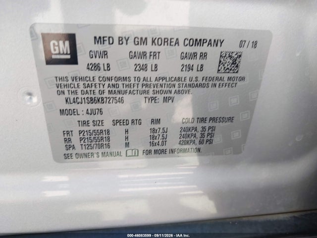 46083599 :رقم المزاد ، KL4CJ1SB6KB727546 vin ، 2019 Buick Encore Fwd Sport Touring مزاد بيع