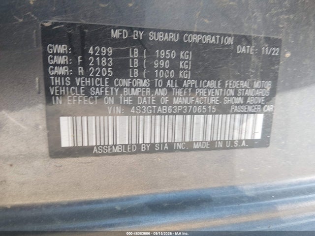 46083606 :رقم المزاد ، 4S3GTAB63P3706515 vin ، 2023 Subaru Impreza Base 5-door مزاد بيع