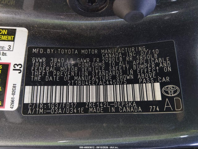 2010 Toyota Corolla S მანქანა იყიდება აუქციონზე, vin: 2T1BU4EE7AC445075, აუქციონის ნომერი: 46083612