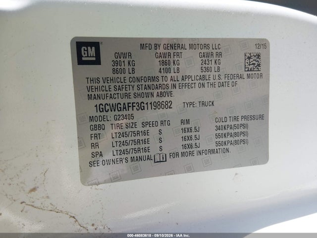 Aukcja sprzedaży 2016 Chevrolet Express 2500 Work Van, vin: 1GCWGAFF3G1198682, numer aukcji: 46083618