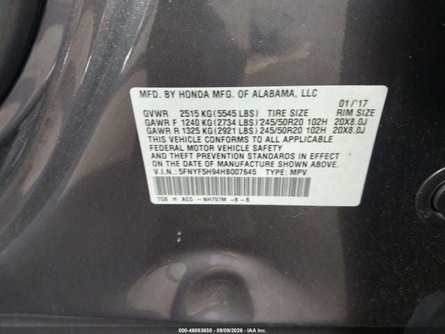 5FNYF5H94HB007645 Honda Pilot Touring