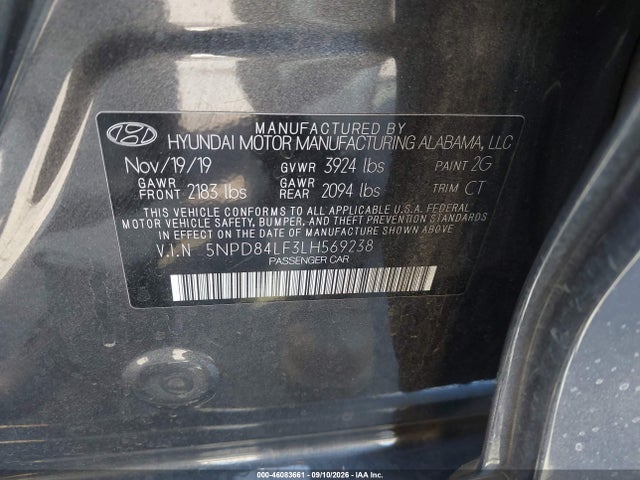 2020 Hyundai Elantra Sel მანქანა იყიდება აუქციონზე, vin: 5NPD84LF3LH569238, აუქციონის ნომერი: 46083661