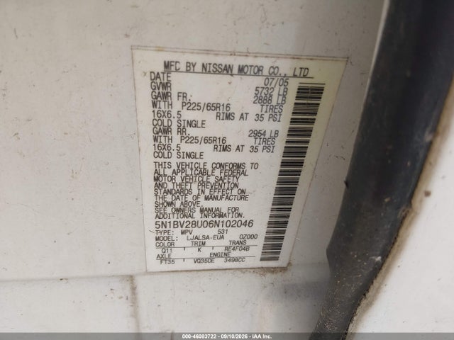 Aukcja sprzedaży 2006 Nissan Quest 3.5 S, vin: 5N1BV28U06N102046, numer aukcji: 46083722