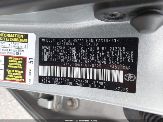 Aukcja sprzedaży 2019 Toyota Camry Le, vin: 4T1B11HK4KU778925, numer aukcji: 46083725