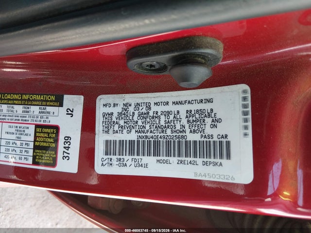 2009 Toyota Corolla S მანქანა იყიდება აუქციონზე, vin: 1NXBU40E49Z025680, აუქციონის ნომერი: 46083745