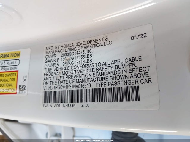 1HGCV1F31NA016913 Honda Accord Sport