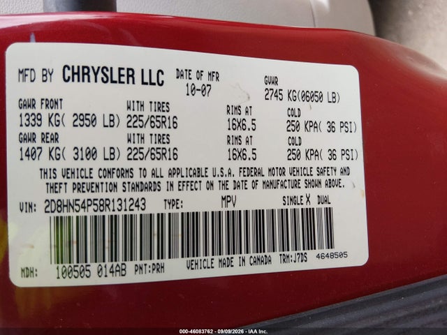 2008 Dodge Grand Caravan Sxt მანქანა იყიდება აუქციონზე, vin: 2D8HN54P58R131243, აუქციონის ნომერი: 46083762