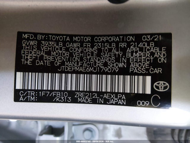 Aukcja sprzedaży 2021 Toyota Corolla Le, vin: JTDEPMAE6MJ179079, numer aukcji: 46083765