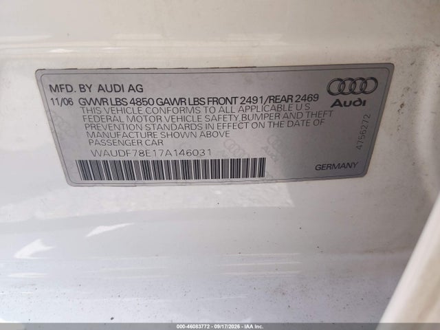 2007 Audi A4 2.0t მანქანა იყიდება აუქციონზე, vin: WAUDF78E17A146031, აუქციონის ნომერი: 46083772