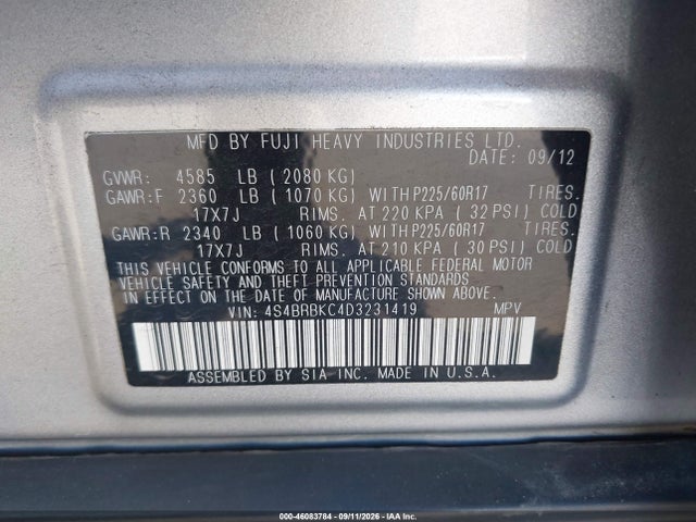 2013 Subaru Outback 2.5i Limited მანქანა იყიდება აუქციონზე, vin: 4S4BRBKC4D3231419, აუქციონის ნომერი: 46083784