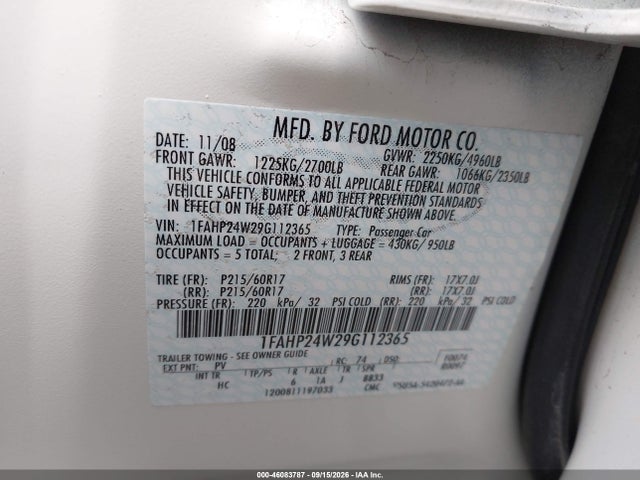 Продажа на аукционе авто 2009 Ford Taurus Sel, vin: 1FAHP24W29G112365, номер лота: 46083787