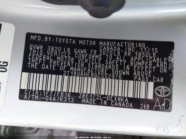 Aukcja sprzedaży 2016 Toyota Corolla Le, vin: 2T1BURHE8GC552976, numer aukcji: 46083788