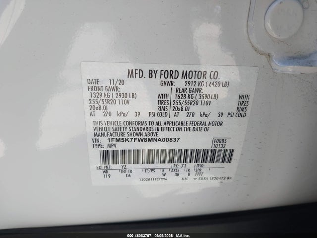 2021 Ford Explorer Limited მანქანა იყიდება აუქციონზე, vin: 1FM5K7FW8MNA00837, აუქციონის ნომერი: 46083797