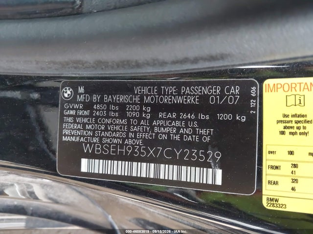 46083819 :رقم المزاد ، WBSEH935X7CY23529 vin ، 2007 Bmw M6 مزاد بيع