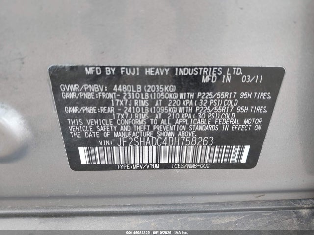 46083829 :رقم المزاد ، JF2SHADC4BH758263 vin ، 2011 Subaru Forester 2.5x Premium مزاد بيع