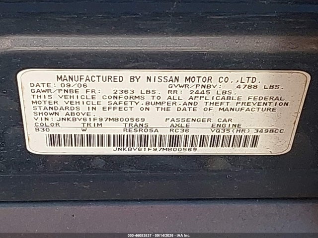 Aukcja sprzedaży 2007 Infiniti G35x, vin: JNKBV61F97M800569, numer aukcji: 46083837