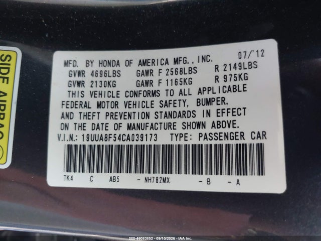 Aukcja sprzedaży 2012 Acura Tl 3.5, vin: 19UUA8F54CA039173, numer aukcji: 46083852