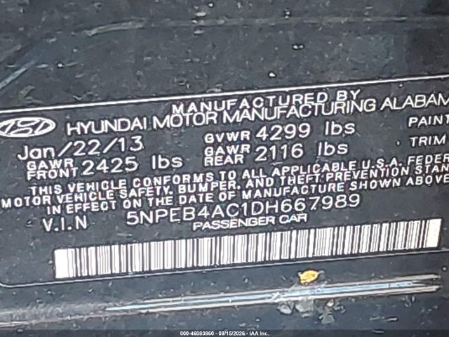 2013 Hyundai Sonata Gls მანქანა იყიდება აუქციონზე, vin: 5NPEB4AC1DH667989, აუქციონის ნომერი: 46083860