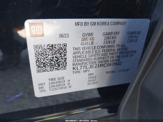 46083871 :رقم المزاد ، KL77LJE21RC069942 vin ، 2024 Chevrolet Trax Fwd 2rs مزاد بيع