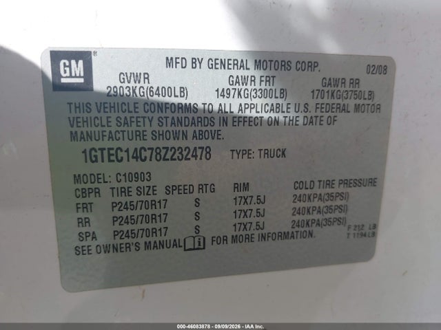 Продаж на аукціоні авто 2008 Gmc Sierra 1500 Work Truck, vin: 1GTEC14C78Z232478, номер лоту: 46083878
