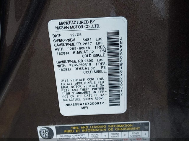 46083890 :رقم المزاد ، JNRAS08W16X200912 vin ، 2006 Infiniti Fx35 مزاد بيع