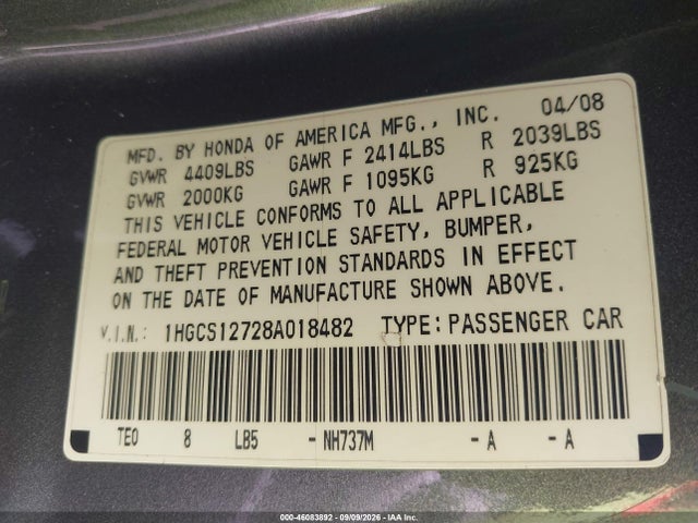 46083892 :رقم المزاد ، 1HGCS12728A018482 vin ، 2008 Honda Accord 2.4 Ex مزاد بيع