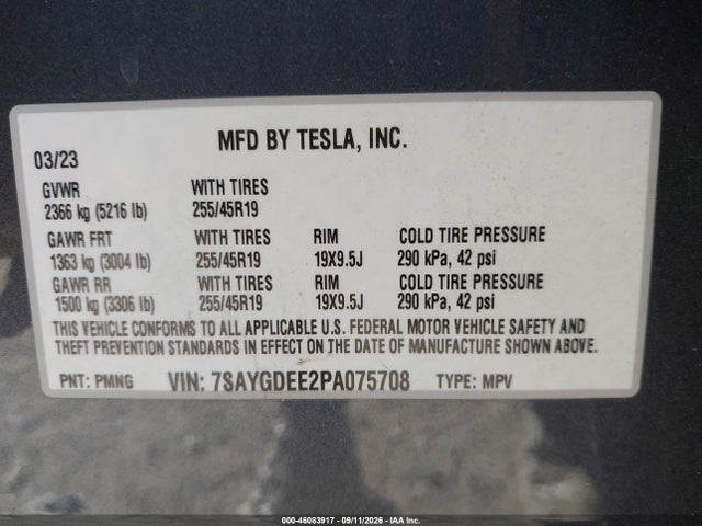 2023 Tesla Model Y Awd/long Range Dual Motor All-wheel Drive მანქანა იყიდება აუქციონზე, vin: 7SAYGDEE2PA075708, აუქციონის ნომერი: 46083917