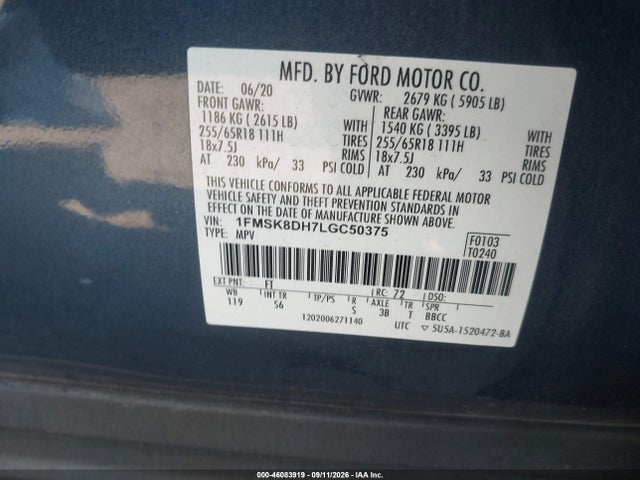 2020 Ford Explorer Xlt მანქანა იყიდება აუქციონზე, vin: 1FMSK8DH7LGC50375, აუქციონის ნომერი: 46083919