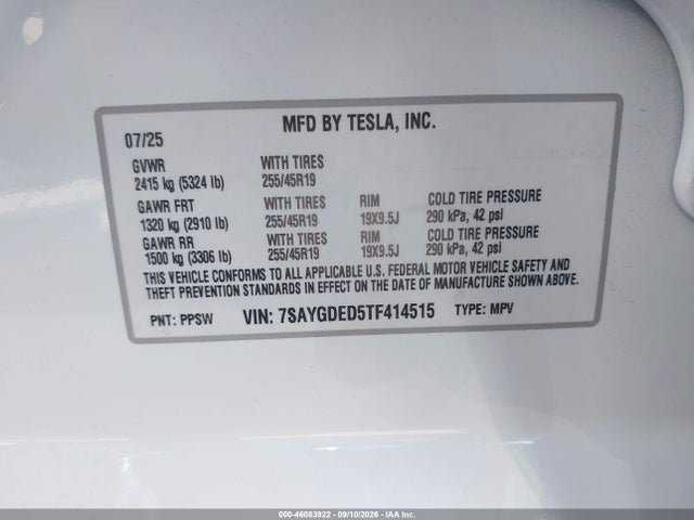 Auction sale of the 2026 Tesla Model Y Premium Rear-wheel Drive/rear-wheel Drive, vin: 7SAYGDED5TF414515, lot number: 46083922