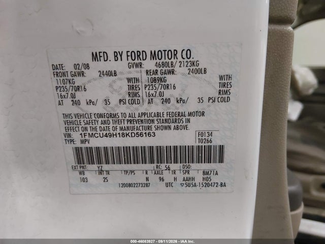 46083927 :رقم المزاد ، 1FMCU49H18KD56163 vin ، 2008 Ford Escape Hybrid مزاد بيع