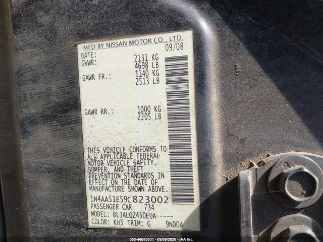 Aukcja sprzedaży 2009 Nissan Maxima 3.5 S, vin: 1N4AA51E59C823002, numer aukcji: 46083931