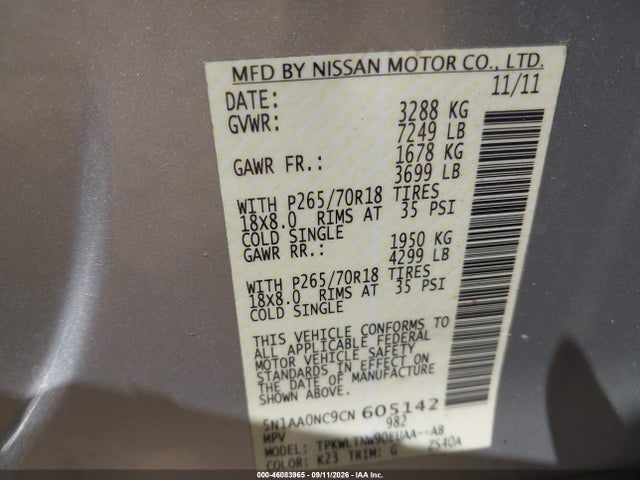 46083965 :رقم المزاد ، 5N1AA0NC9CN605142 vin ، 2012 Nissan Armada Sv مزاد بيع