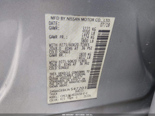 Aukcja sprzedaży 2018 Nissan Titan Sv, vin: 1N6AA1E6XJN547203, numer aukcji: 46083967